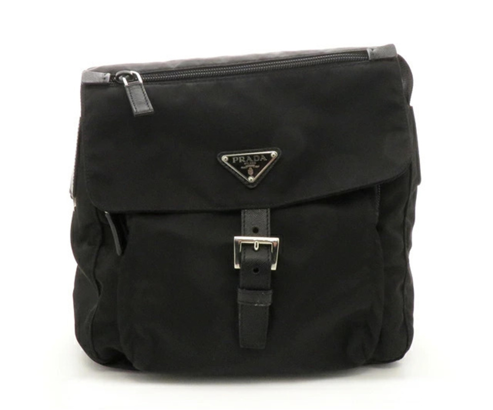 Prada Black Buckle Messenger Bag black tessuto front flap